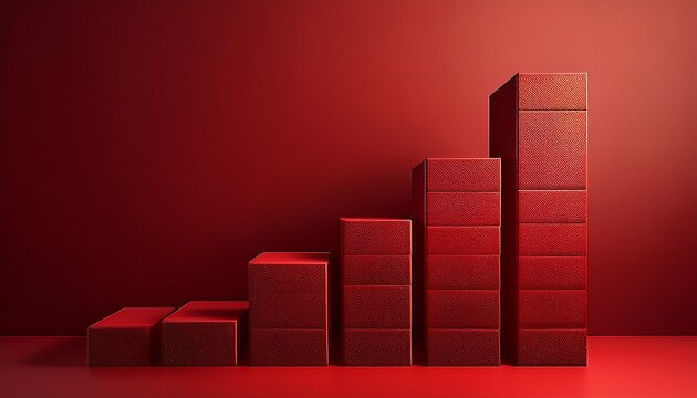 ascending red blocks a 3d bar graph visualizing market growth success and progress the textured blocks stand out against a deep red background symbolizing upward trending business