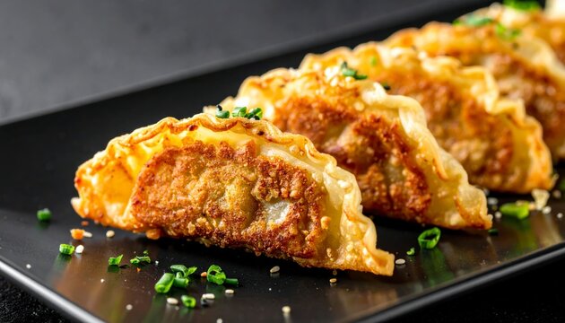 Crispy golden fried wontons with textured wrappers and a savory filling arranged artfully on a dark plate with fresh green garnish