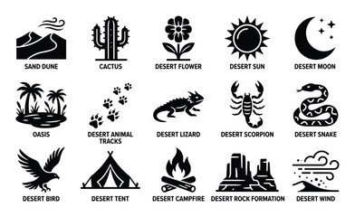 Obraz premium Comprehensive set of black silhouette desert icons, depicting various elements of arid landscapes