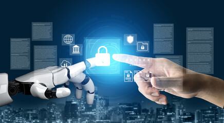 A digital representation showcasing the interaction between a human hand and a robotic hand,...