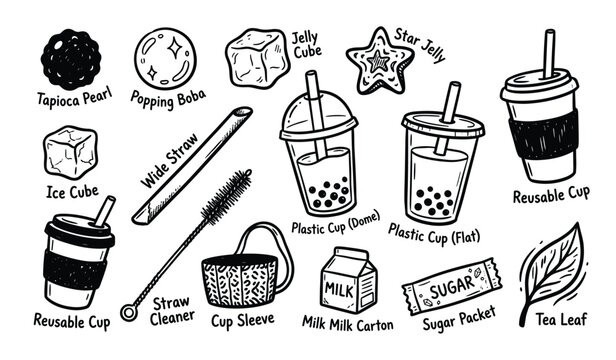 Hand-drawn black and white bubble tea ingredients and accessories doodle set