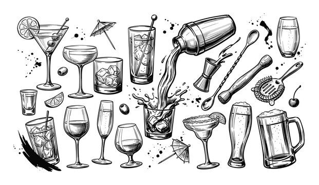 Hand-drawn black and white sketch collection of various alcoholic drinks, cocktail glasses, and bar tools with ink splatters