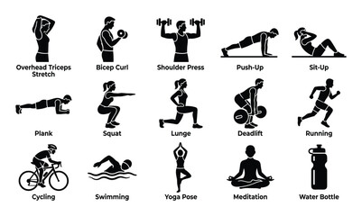 Obraz premium Comprehensive set of black silhouette fitness icons illustrating various exercises and healthy lifestyle activities