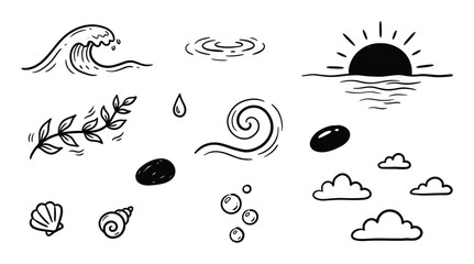 Obraz premium Hand-drawn black and white doodle elements including waves, sun, clouds, and shells