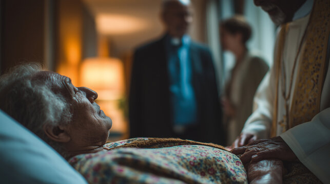 Priest holding hand of elderly woman in bed during last rites with family in background at home hospice scene