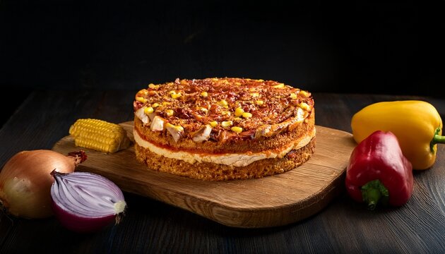deliciosa y crujiente tarta de morron cebolla pollo y choclo sobre una tabla de madera con fondo oscuro receta latinoamericana