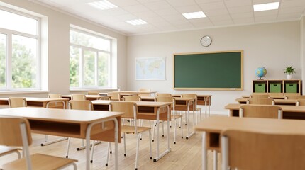 Fototapeta premium Professional photograph of empty modern school classroom with wooden desks and chairs facing green chalkboard in well-lit room for academic and educational advertising purposes
