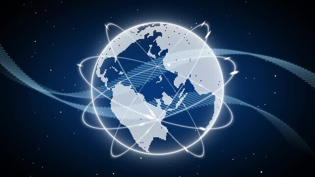 Earth globe animation with orbital data. Earth globe global network and light. Earth globe technology graphic on black background.