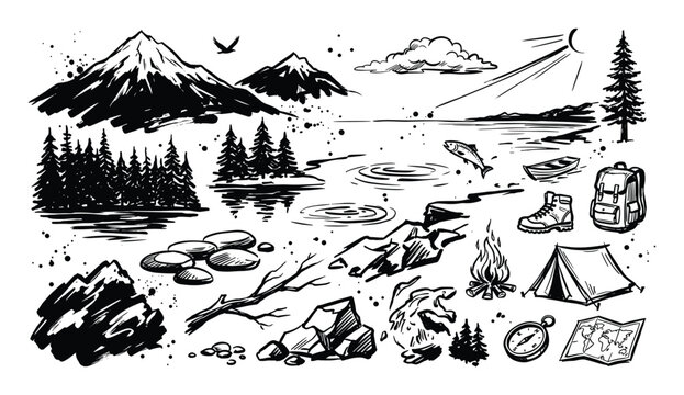 Hand-drawn black and white sketch collection of various outdoor adventure and camping elements