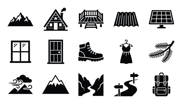 Collection of black silhouette icons representing various outdoor and nature-related elements