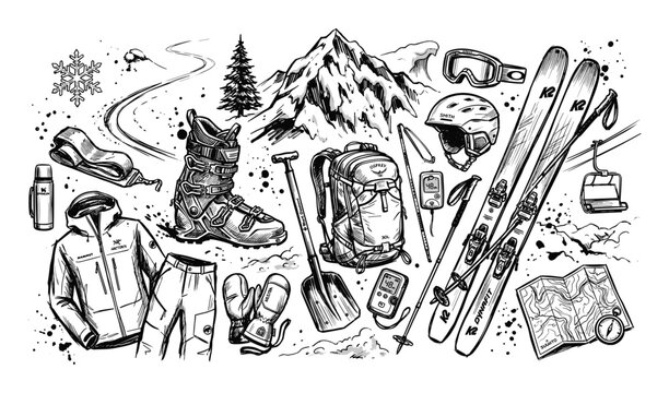 Hand-drawn black and white illustration of various ski touring and backcountry skiing equipment