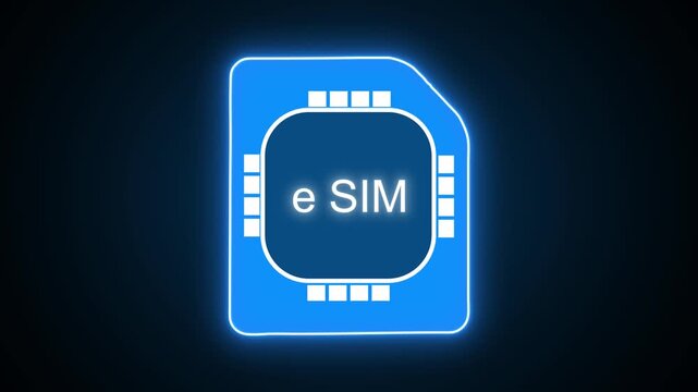 Sim card animation with blue esim icon. Sim card digital glowing outline. Sim card mobile technology graphic on black background.