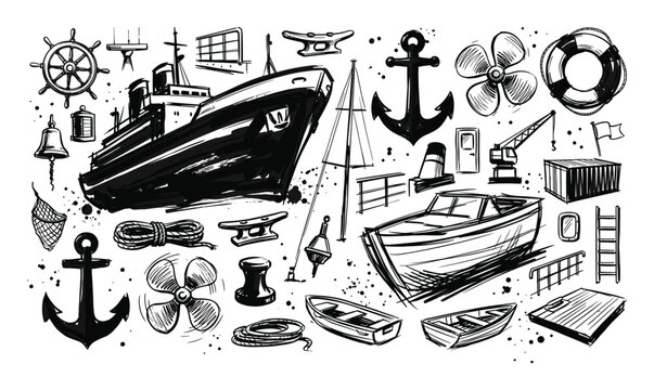 Collection of hand-drawn black and white nautical elements, including ships, anchors, and various marine equipment