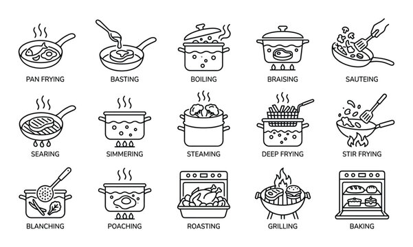 Comprehensive collection of fifteen outline icons illustrating various cooking methods like frying, boiling, roasting, and grilling