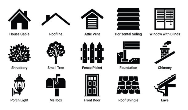 Collection of black silhouette icons representing various house parts and outdoor elements