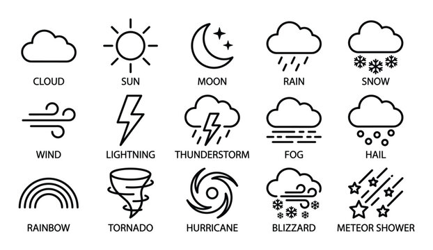 Collection of fifteen black outline weather icons with text labels, presented