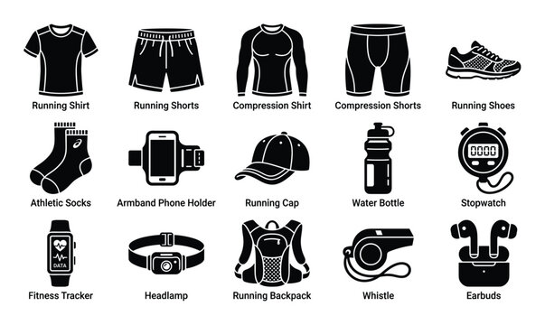 Comprehensive collection of black silhouette icons representing various running and athletic gear