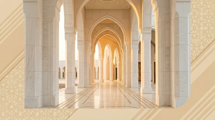 Obraz premium Islamic architecture hallway with arches and columns, golden light