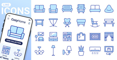Naklejka premium Living room furniture line icons set. Sofa, leather armchair, fireplace, bookshelf, curtains, TV stand, rug flat minimal vector illustration. Simple outline signs. Blue duotone color, Editable Stroke.