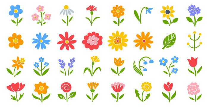 Flat vector flower icon set, naive Scandinavian folk art. Colorful collection of hand drawn field blossoms - rose, tulip, sunflower, daisy, poppy. Simple illustrations floral decor, botanical elements