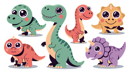 Naklejka premium Colorful cartoon dinosaurs playing together in a cheerful group