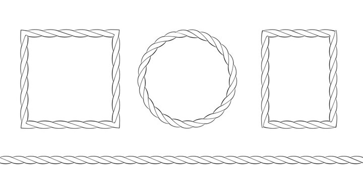 Nautical cord frames with sailor braided cable patterns. Marine cable brush patterns for sailor designs. Braided string elements with bow details. Western string borders for decorative design. Vector