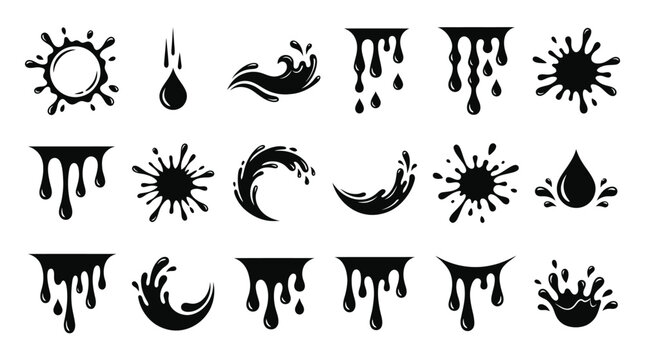 Stylish black liquid drops, paint splashes, and dynamic water drip graphic elements set