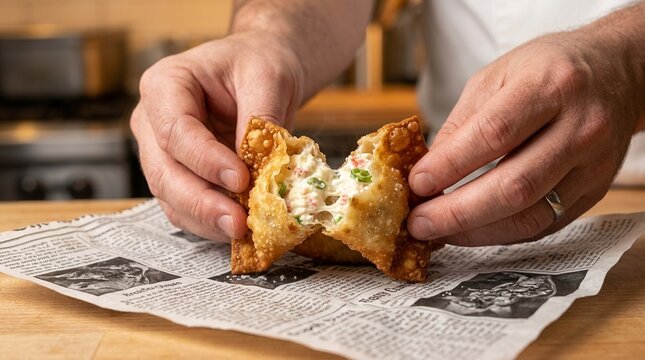 Crab Rangoon Crispy Vivid Crispy Crab Rangoon Pulled Apart Showing Cream Cheese Interior Close Hands-Only Holding Or Unwrapping Close Chef-Hand Detail