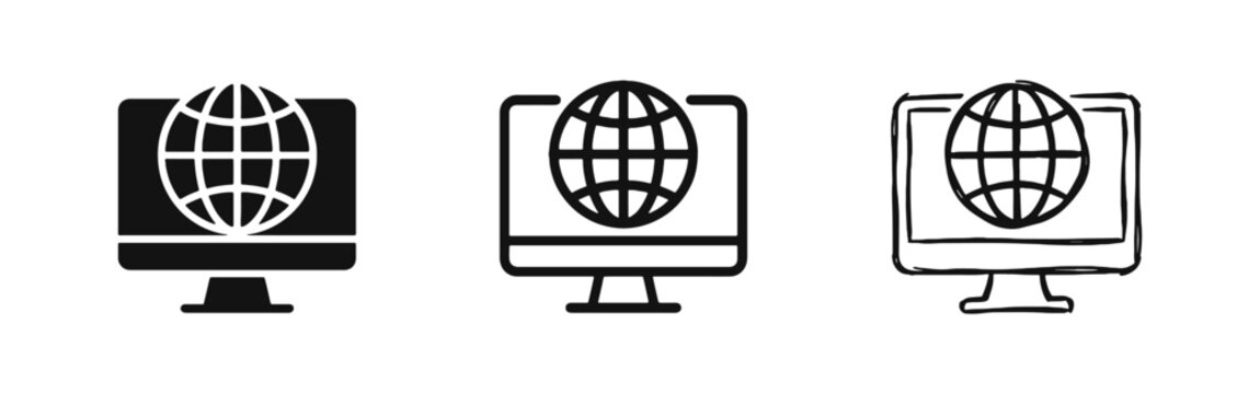Computer monitor with globe web browser icon set in solid, outline and hand-drawn doodle styles