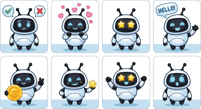 Cute Cartoon Robot Character Sticker Set with Love, Hello, Star Eyes, Coin, and Peace Poses for Technology and Social Media Design Projects