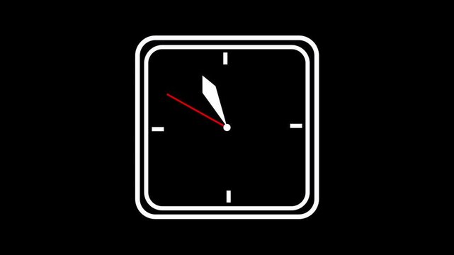 Clock animation with square face. Clock digital time display and second hand. Clock technology interface graphic on black background.