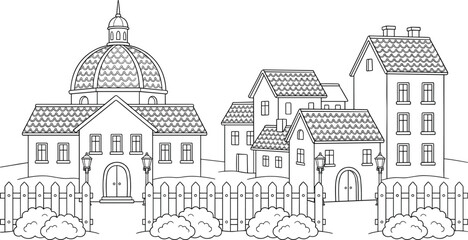 Naklejka premium European Village Line Art Illustration Featuring Houses with Tiled Roofs, Dome Building and Fence in Detailed Black and White Vector Style