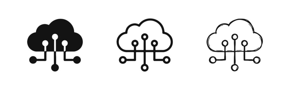 Cloud computing network technology icon set in solid, outline and hand-drawn doodle styles