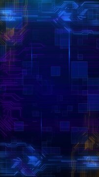 Futuristic circuit grid backdrop with blue neon traces, purple panels, gold accents, layered electronic geometry. tech openers, coding , data screens, security promos, interface and digital titles.