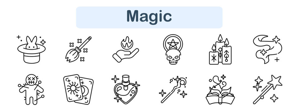Magic set icon. Hat rabbit, broom, flame, skull, candles, spell, doll, cards, potion, wand, book, wizardry, occult, enchantment, mystic ritual, fantasy symbols.
