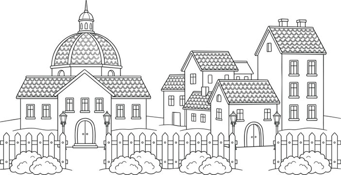 European Village Line Art Illustration Featuring Houses with Tiled Roofs, Dome Building and Fence in Detailed Black and White Vector Style
