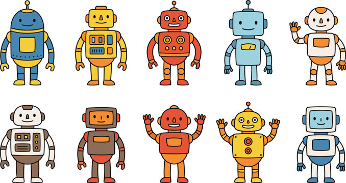 Cute Colorful Robot Character Set with Different Designs and Poses for Kids, Technology, Science, and Education Design Projects