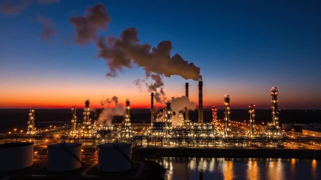 Industrial Oil Refinery Plant At Sunset Transitioning To Night With Smoke Plumes And Glowing Lights Reflecting On Water