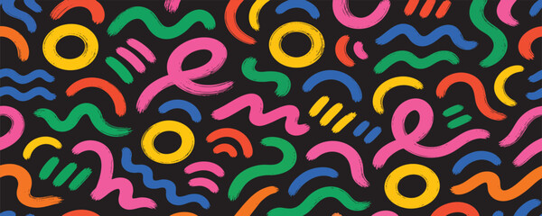 Fototapeta premium Seamless pattern with colorful abstract shapes, hand-drawn doodles, squiggles, and circles on a black background. Fun 90s style retro Memphis design.