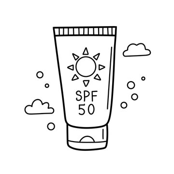 Sunscreen cream tube SPF 50 icon. Doodle line art illustration of sun protection cosmetic isolated on white