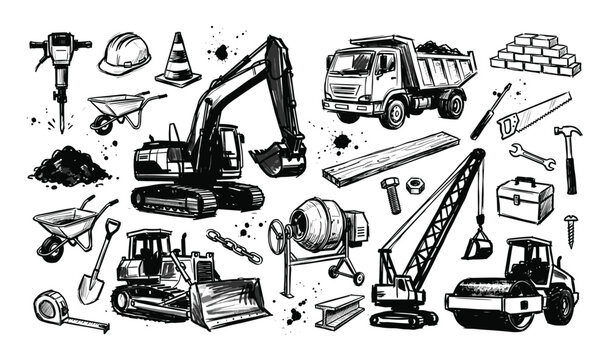 Comprehensive collection of hand-drawn construction tools and heavy machinery in a bold, black and white sketch style