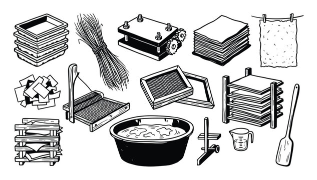 Various hand drawn elements illustrating the traditional process of handmade paper production