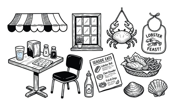 Collection of hand-drawn black and white seafood restaurant elements, including a menu, table, chair, and various dishes