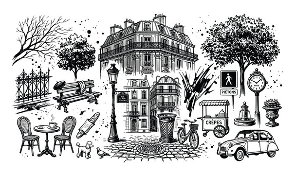 Collection of hand-drawn Parisian elements, including buildings, street furniture, and iconic objects, rendered in a black and white sketch style with ink splatters