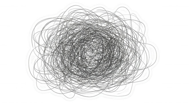 A dense, circular cluster of chaotic black scribbles and tangled lines isolated on a solid black background, with a white, outer border outline