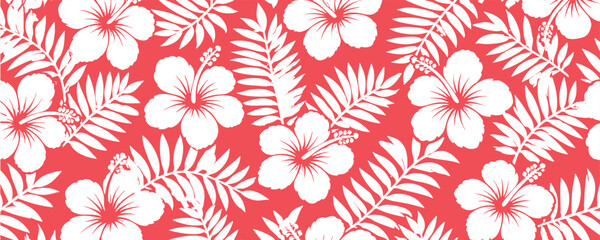 Seamless tropical pattern with white hibiscus flowers and palm leaves on a vibrant coral red background. Perfect for summer fashion, swimwear, and textiles. © Zbrake Studio