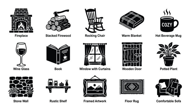 Collection of black and white cozy home icons, including a fireplace, rocking chair, and warm blanket
