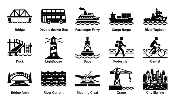 Comprehensive collection of black and white transportation and water-related icons, presented as a flat graphic design