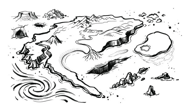 Hand-drawn black and white fantasy map with mountains, volcano, and various natural elements