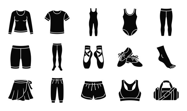 Various black silhouette icons representing different types of dance and fitness clothing and accessories
